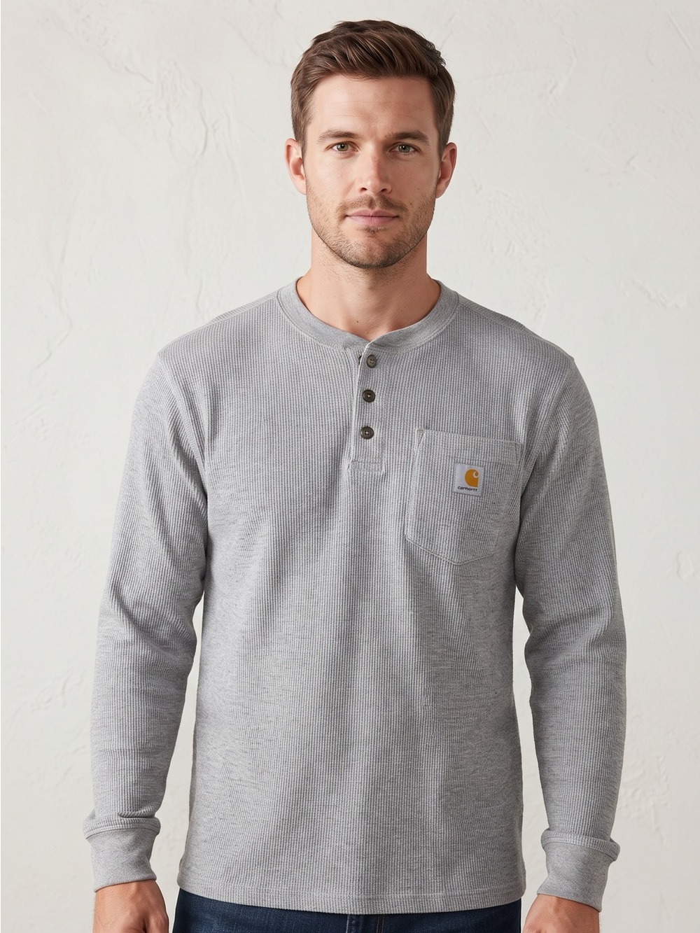 Carhartt Men's Light Gray Long-Sleeve Henley Waffle Knit Shirt